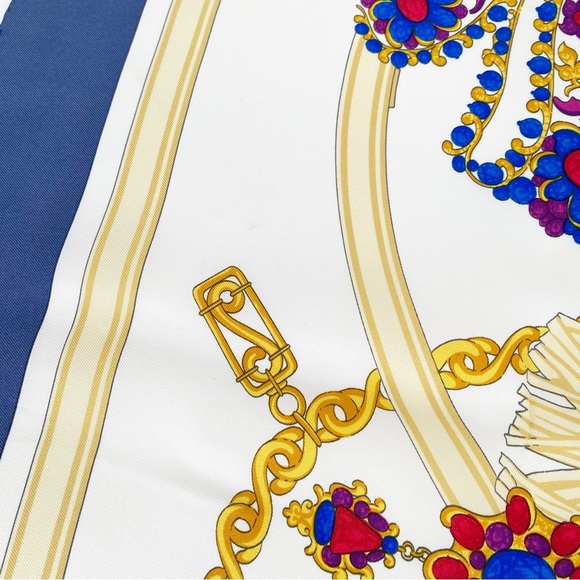 CELINE Paris 100% Silk Jewel Baroque Egg Large Square Scarf Blue Trim - Picture 9 of 9